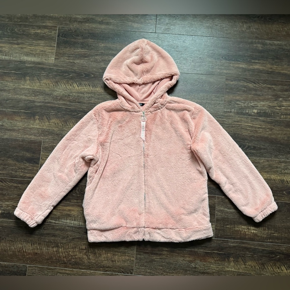 BEBE Sport Women’s Pink Faux Fur Coat Sip Front Warm Hood Jacket Medium M